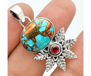 Spiny Oyster Turquoise and Garnet Pendant EXP01756 P-1425, 14x18 mm