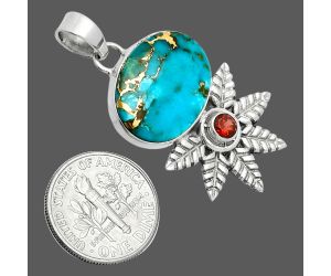 Kingman Copper Teal Turquoise and Garnet Pendant EXP01767 P-1425, 14x19 mm