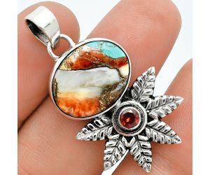 Spiny Oyster Turquoise and Garnet Pendant EXP01769 P-1425, 14x17 mm