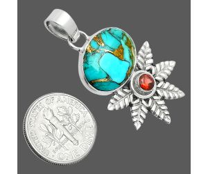 Kingman Copper Teal Turquoise and Garnet Pendant EXP01772 P-1425, 13x17 mm