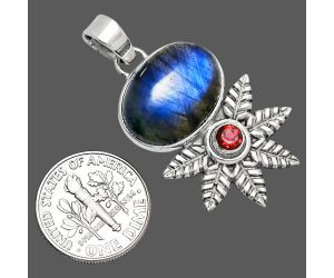 Blue Fire Labradorite and Garnet Pendant EXP01783 P-1425, 13x18 mm