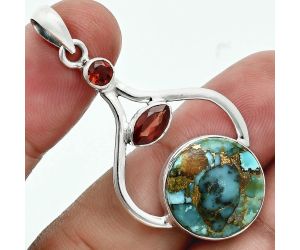 Kingman Copper Teal Turquoise and Garnet Pendant EXP02026 P-1187, 15x15 mm