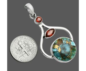 Kingman Copper Teal Turquoise and Garnet Pendant EXP02026 P-1187, 15x15 mm