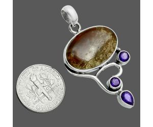 Texas Moss Agate and Amethyst Pendant EXP02035 P-1293, 13x21 mm