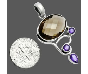 Smoky Quartz Checker Briolette and Amethyst Pendant EXP02037 P-1293, 13x18 mm