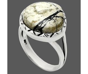 Authentic White Buffalo Turquoise Nevada Ring size-8 EXR01135 R-1074, 14x15 mm