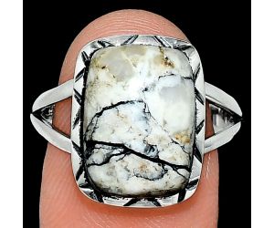 Authentic White Buffalo Turquoise Nevada Ring size-9 EXR01326 R-1003, 11x15 mm