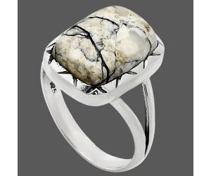 Authentic White Buffalo Turquoise Nevada Ring size-9 EXR01326 R-1003, 11x15 mm