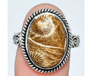 Flower Fossil Coral Ring size-9 EXR01577 R-1067, 12x17 mm