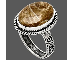 Flower Fossil Coral Ring size-9 EXR01577 R-1067, 12x17 mm