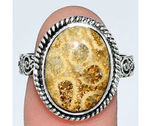 Flower Fossil Coral Ring size-9 EXR01578 R-1067, 12x16 mm