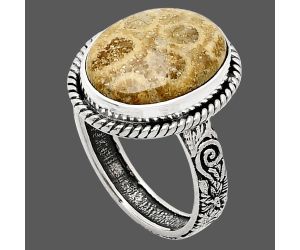 Flower Fossil Coral Ring size-9 EXR01578 R-1067, 12x16 mm