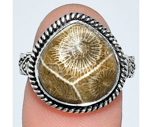 Flower Fossil Coral Ring size-8 EXR01580 R-1067, 14x14 mm