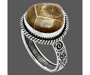 Flower Fossil Coral Ring size-8 EXR01580 R-1067, 14x14 mm