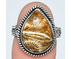 Flower Fossil Coral Ring size-7 EXR01581 R-1067, 12x17 mm