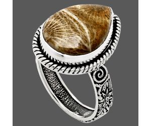 Flower Fossil Coral Ring size-7 EXR01581 R-1067, 12x17 mm