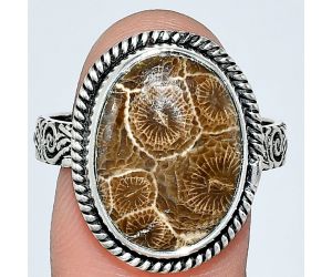 Flower Fossil Coral Ring size-10 EXR01584 R-1067, 13x17 mm