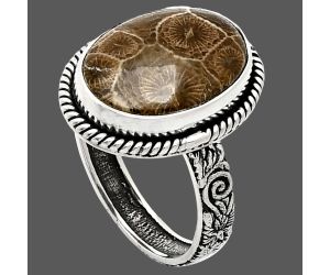 Flower Fossil Coral Ring size-10 EXR01584 R-1067, 13x17 mm