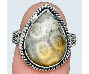 Flower Fossil Coral Ring size-7 EXR01585 R-1067, 12x16 mm