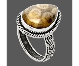 Flower Fossil Coral Ring size-7 EXR01585 R-1067, 12x16 mm