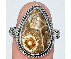 Flower Fossil Coral Ring size-9 EXR01588 R-1067, 12x19 mm