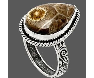 Flower Fossil Coral Ring size-9 EXR01588 R-1067, 12x19 mm