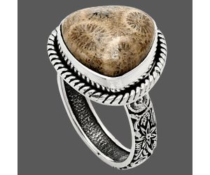 Flower Fossil Coral Ring size-7 EXR01590 R-1067, 13x13 mm