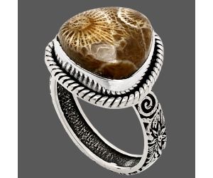 Flower Fossil Coral Ring size-7 EXR01594 R-1067, 13x13 mm