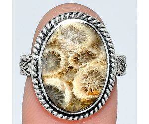 Flower Fossil Coral Ring size-7 EXR01598 R-1067, 12x16 mm