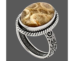 Flower Fossil Coral Ring size-7 EXR01598 R-1067, 12x16 mm