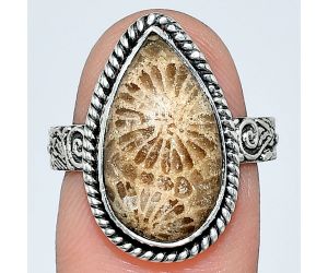 Flower Fossil Coral Ring size-7 EXR01599 R-1067, 10x18 mm