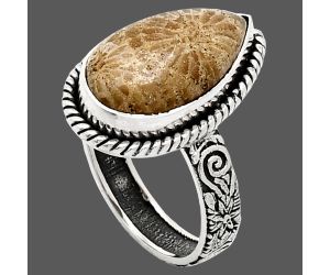 Flower Fossil Coral Ring size-7 EXR01599 R-1067, 10x18 mm