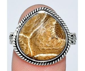 Flower Fossil Coral Ring size-10 EXR01600 R-1067, 15x15 mm