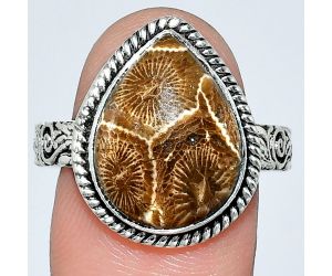 Flower Fossil Coral Ring size-10 EXR01601 R-1067, 12x16 mm