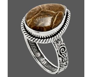 Flower Fossil Coral Ring size-10 EXR01601 R-1067, 12x16 mm