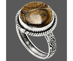 Flower Fossil Coral Ring size-10 EXR01602 R-1067, 14x14 mm