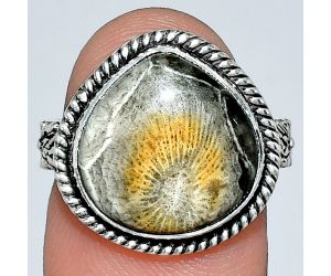 Flower Fossil Coral Ring size-7 EXR01606 R-1067, 14x14 mm