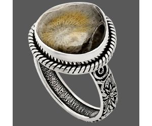 Flower Fossil Coral Ring size-7 EXR01606 R-1067, 14x14 mm