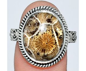 Flower Fossil Coral Ring size-10 EXR01608 R-1067, 13x16 mm