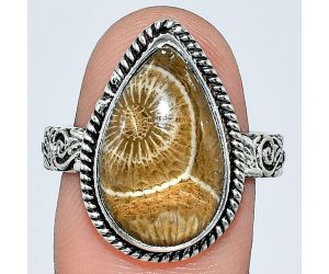 Flower Fossil Coral Ring size-9 EXR01609 R-1067, 11x18 mm