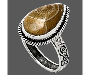 Flower Fossil Coral Ring size-9 EXR01609 R-1067, 11x18 mm