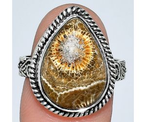 Flower Fossil Coral Ring size-8 EXR01611 R-1067, 12x17 mm