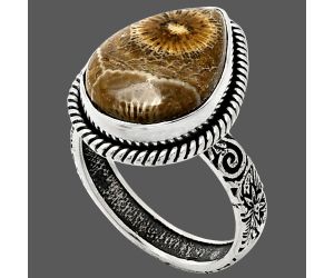 Flower Fossil Coral Ring size-8 EXR01611 R-1067, 12x17 mm