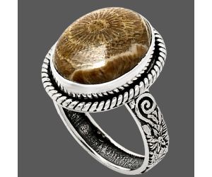 Flower Fossil Coral Ring size-7 EXR01612 R-1067, 12x15 mm