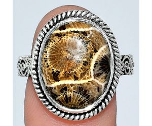 Flower Fossil Coral Ring size-10 EXR01613 R-1067, 13x17 mm