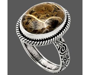 Flower Fossil Coral Ring size-10 EXR01613 R-1067, 13x17 mm