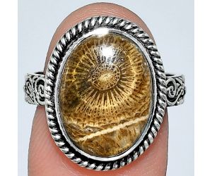 Flower Fossil Coral Ring size-8 EXR01614 R-1067, 11x15 mm