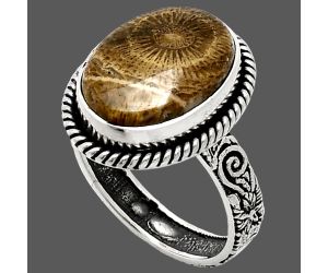 Flower Fossil Coral Ring size-8 EXR01614 R-1067, 11x15 mm