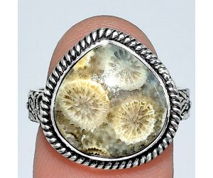 Flower Fossil Coral Ring size-8 EXR01615 R-1067, 14x14 mm