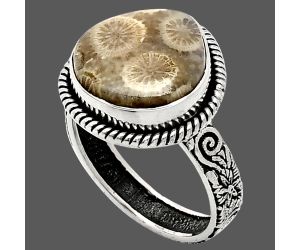 Flower Fossil Coral Ring size-8 EXR01615 R-1067, 14x14 mm